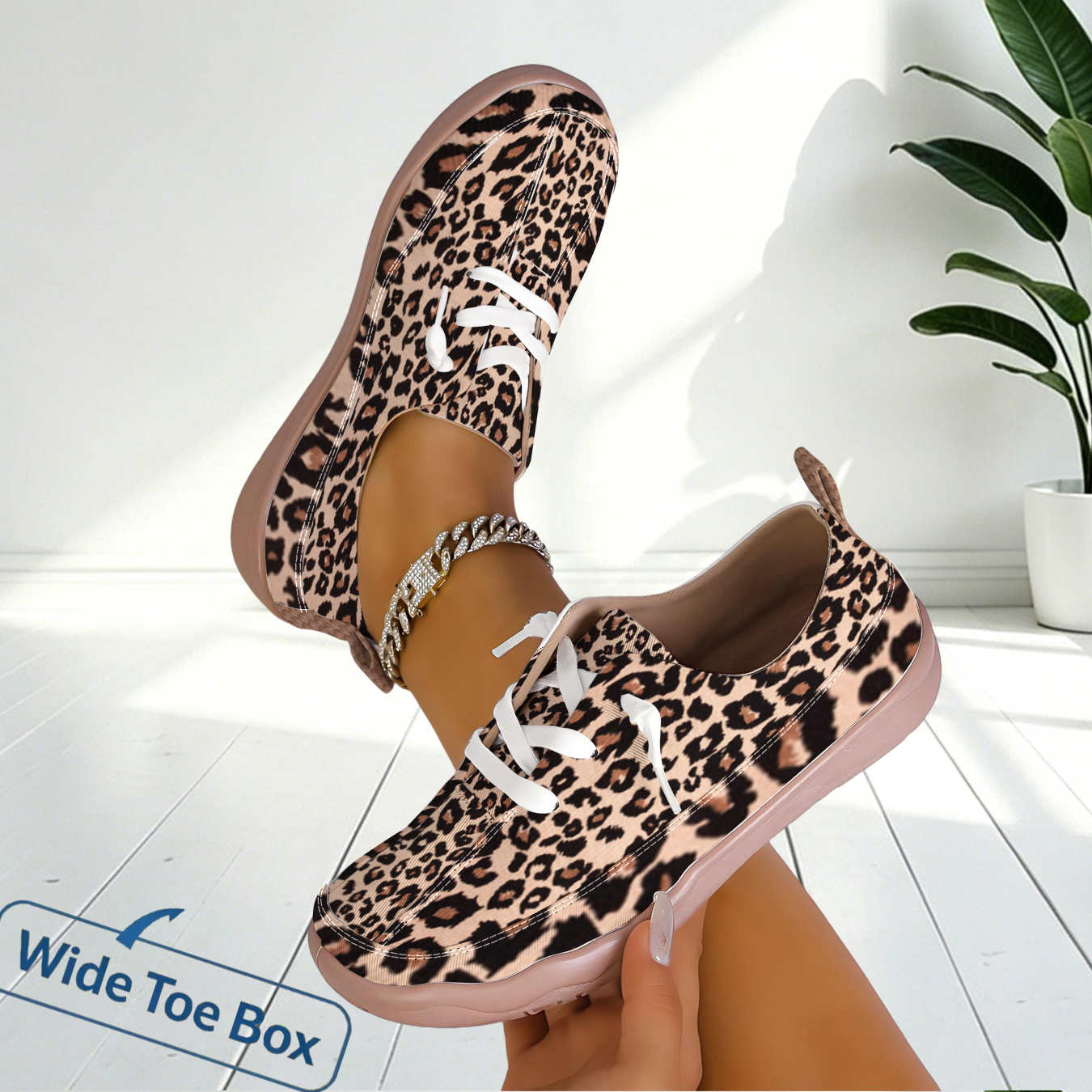 Outdoor Lighting Uplight - Women Leopard Print Wide Toe Sneakers