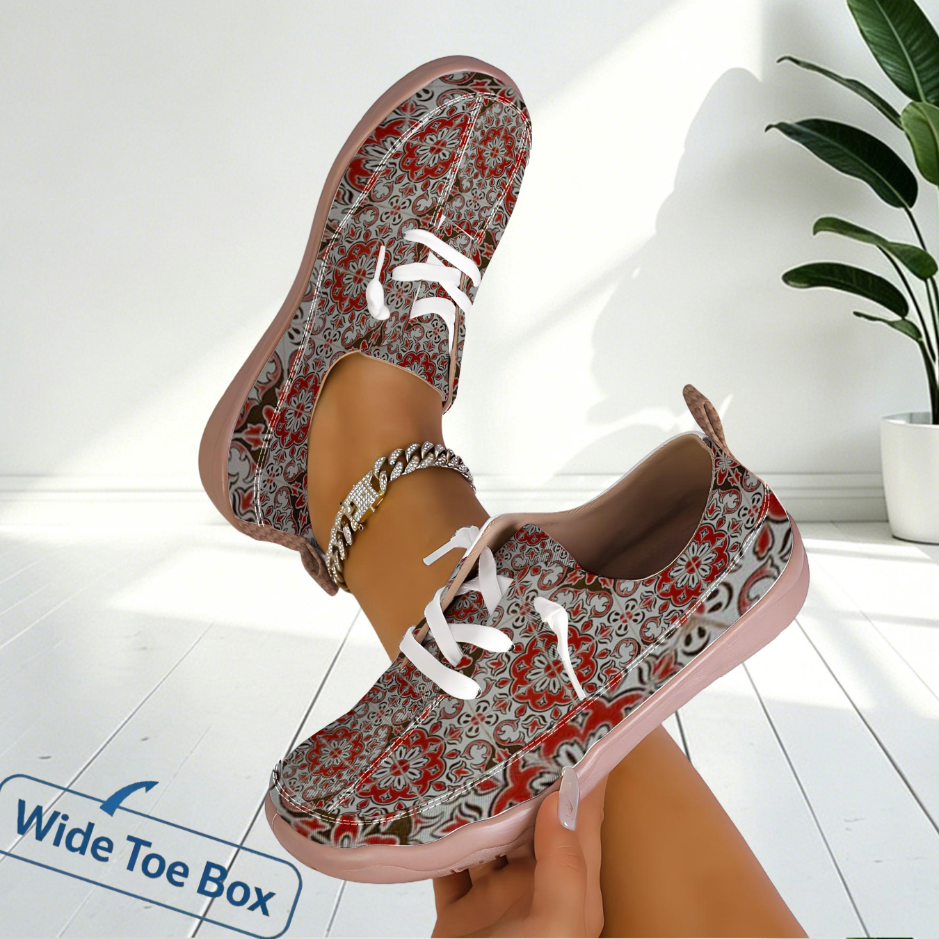 Outdoor Lighting Uplight - Women Floral Print Wide Toe Sneakers